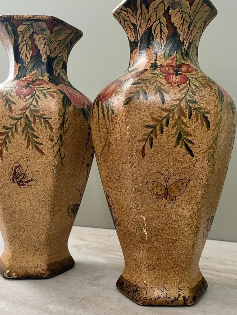 Vintage Nantucket Ceramic Vase Pair | Hand Painted Floral Butterfly